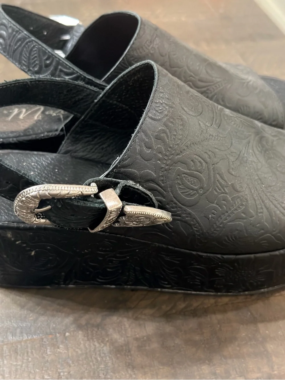 Free People Black Embossed Leather Slingback Platform Sandals
